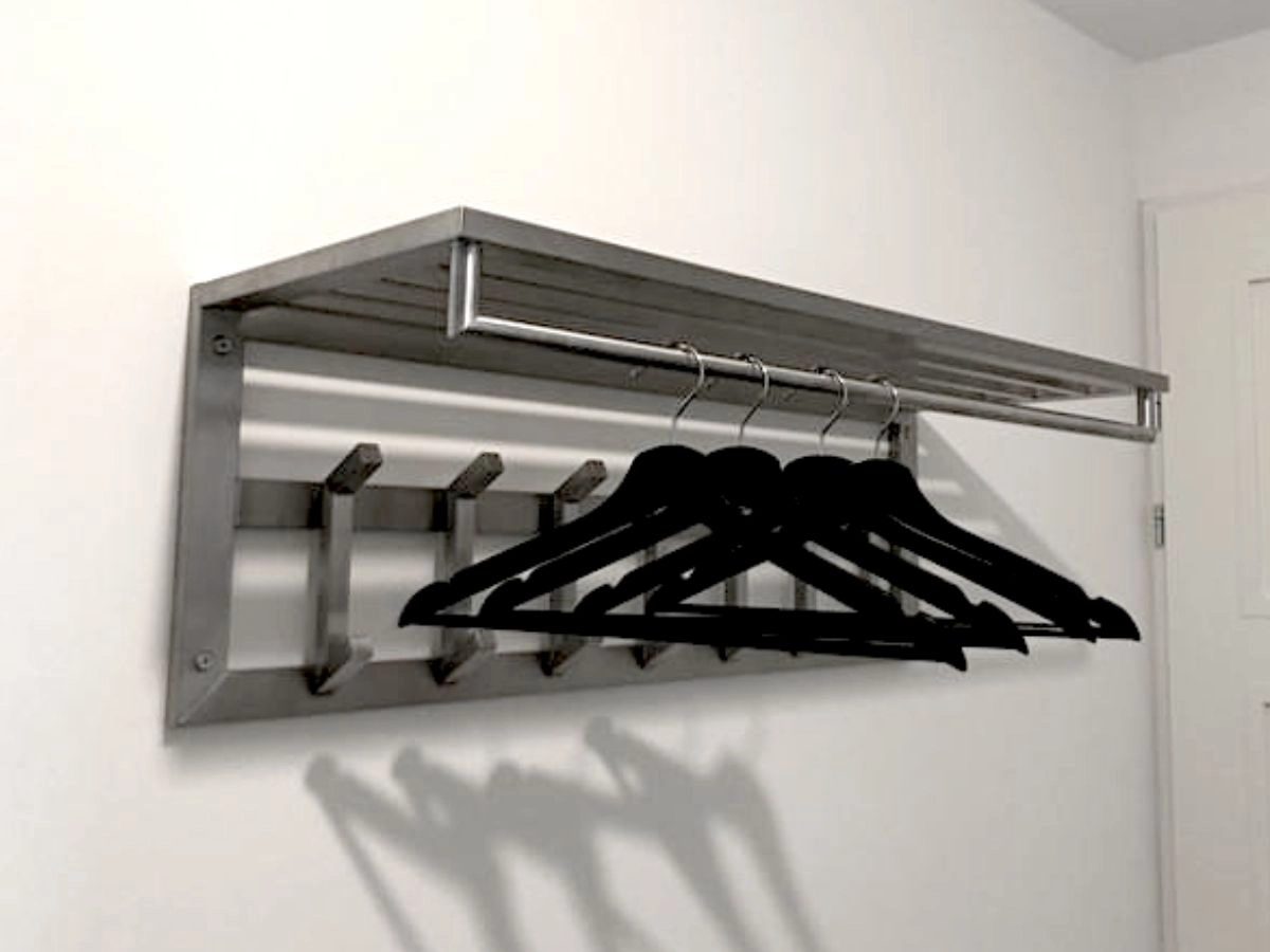RVS kapstok met hoedenplank en garderobestang - 1 meter met 7 complete RVS haken