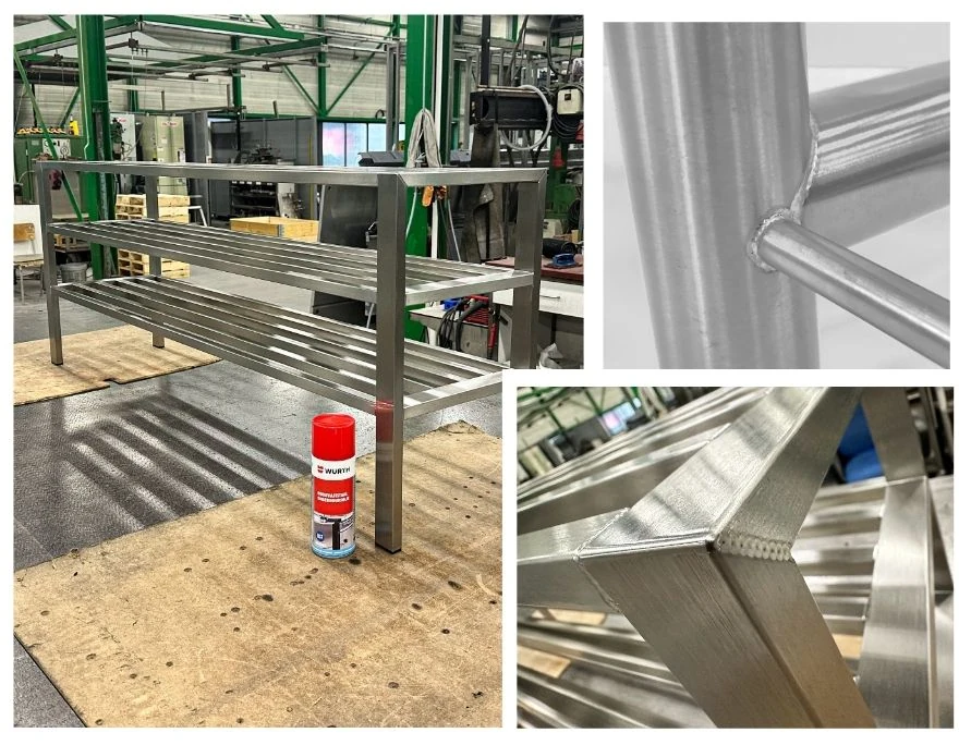 Collage van RVS schoenenrekken in de werkplaats, met close-ups van TIG-lasnaden en scherpe afwerking van buizen en kokers