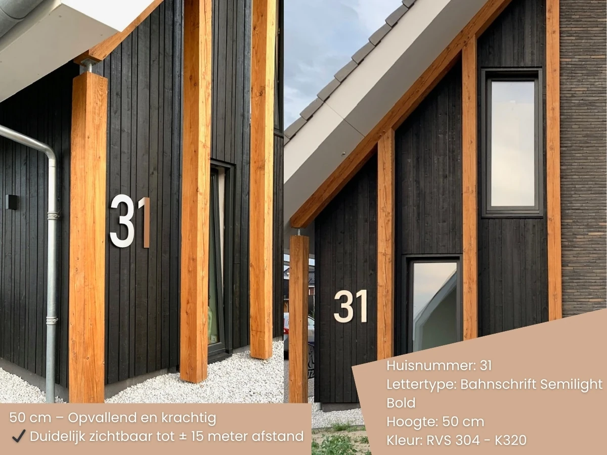 RVS huisnummer 31, 50 cm hoog, geschikt voor bredere gevels, Bahnschrift Semilight